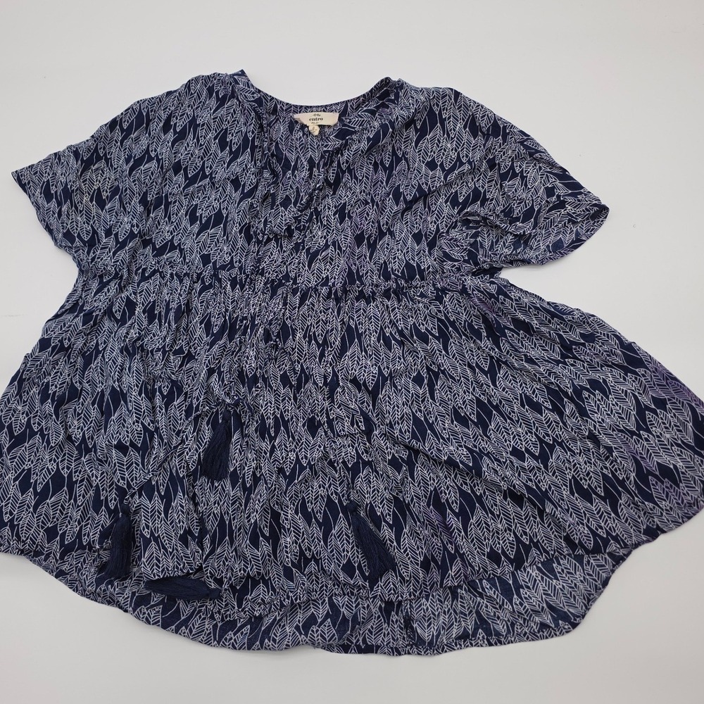 Entro Blouse‎ Womens S Navy Blue Leaf Print Tassel Tiered T7482 #Boho #peasant